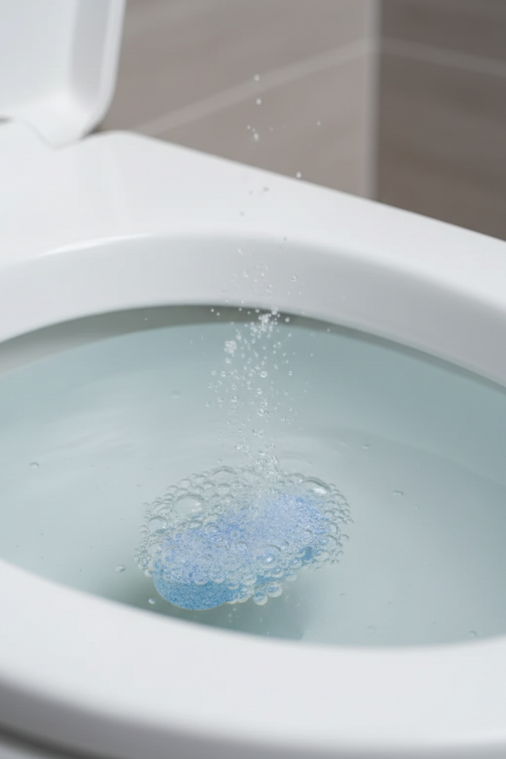 Toilet bowl cleaner tablet dissolving in water for easy and effective cleaning